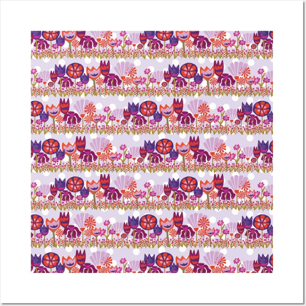 Tulips, Lily flowers, and Dianthus flowers in a row on a purple and white polka dot background Wall Art by Sandra Hutter Designs